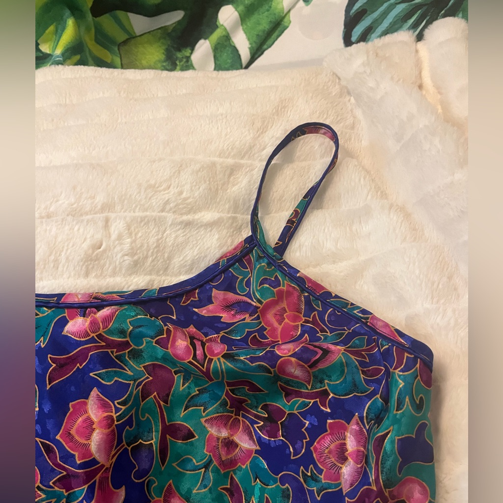 Vintage 80s Womens M Inner Most Gorgeous Purple Green Gold Ornate Floral Slip